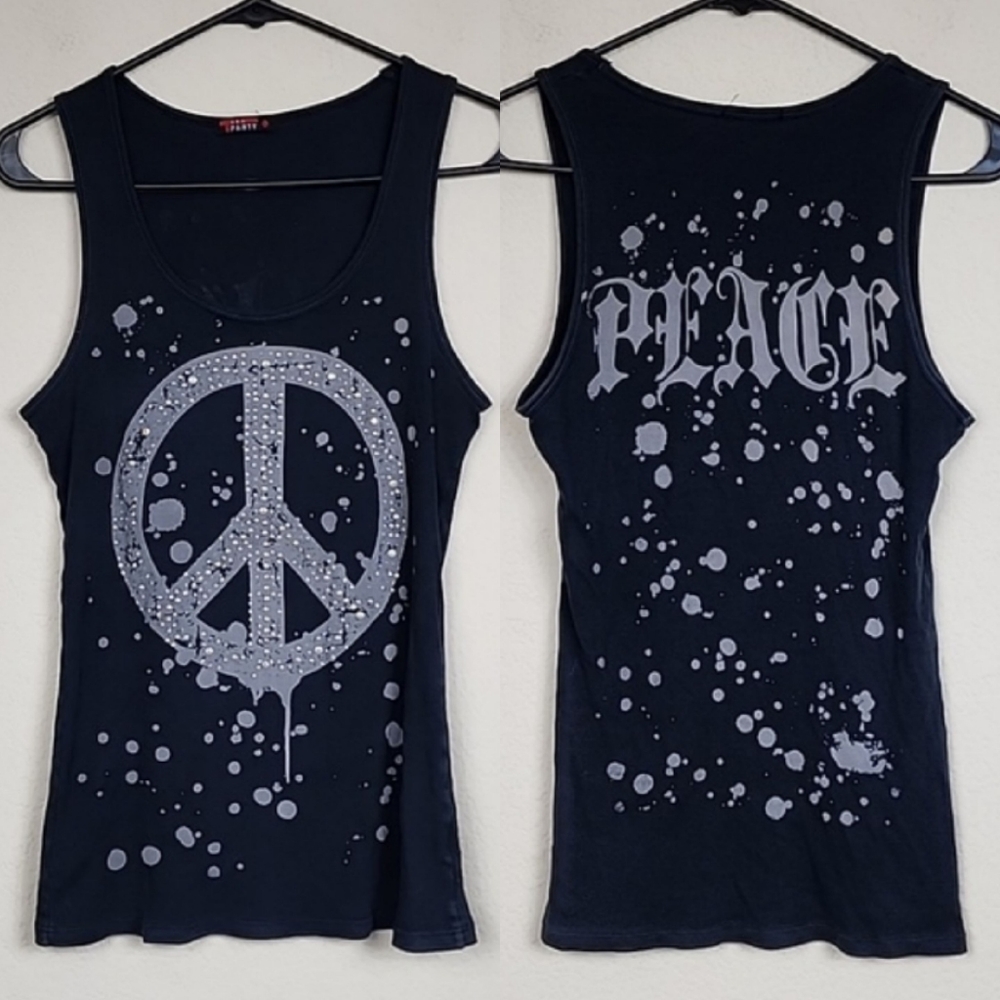 Vintage Black Tank Top with Silver Peace Graphic